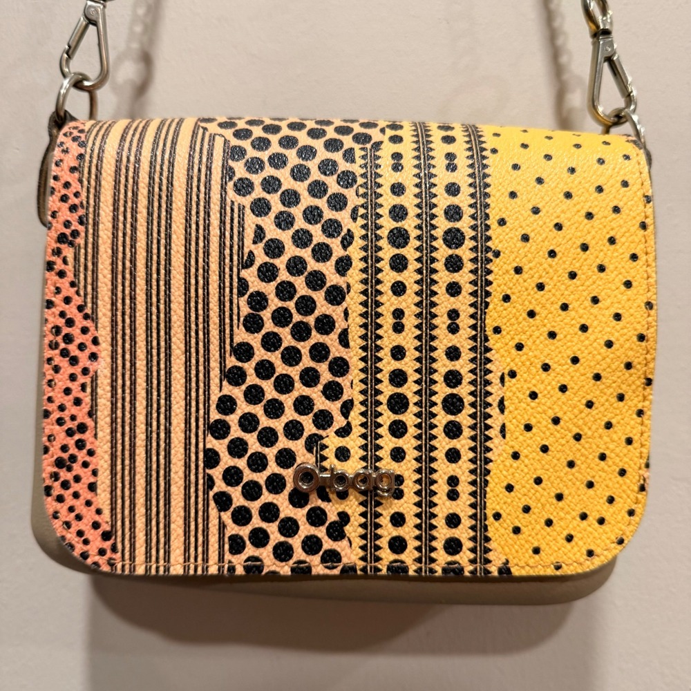 #27 O Bag Crossbody‎ Bag Womens Small Yellow Tan Geometric Pattern Chain